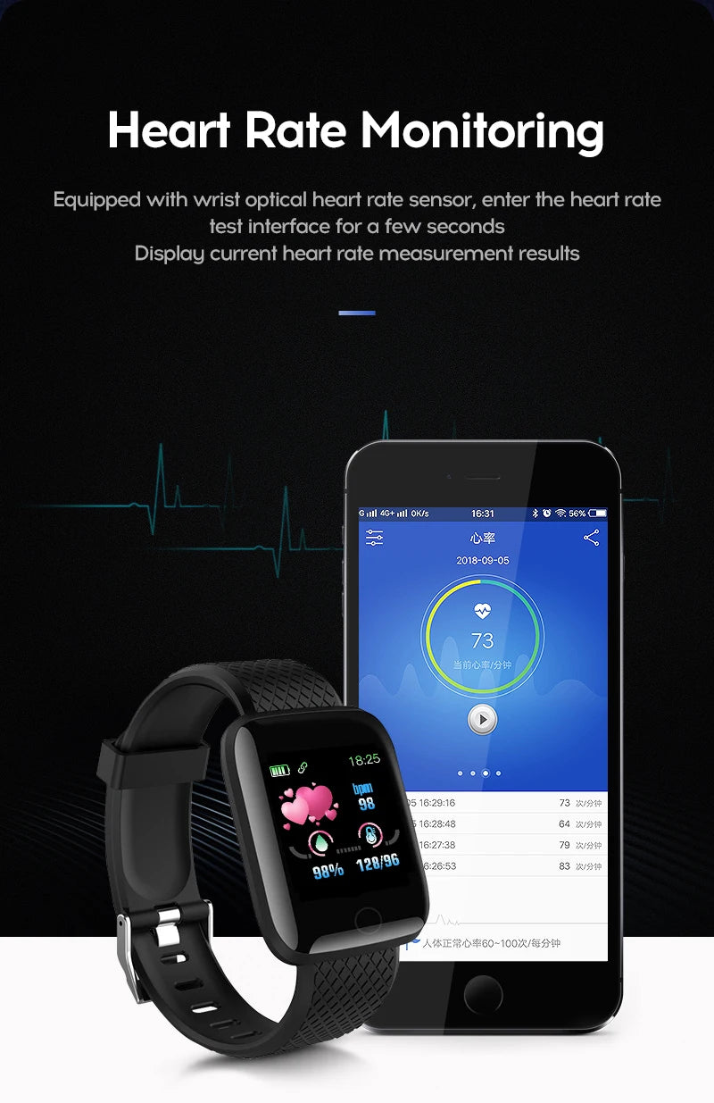 116 Plus Smart Watch Wristband Sports Fitness Blood Pressure Heart Rate Call Message Reminder Pedometer D13 Watch USB Charging