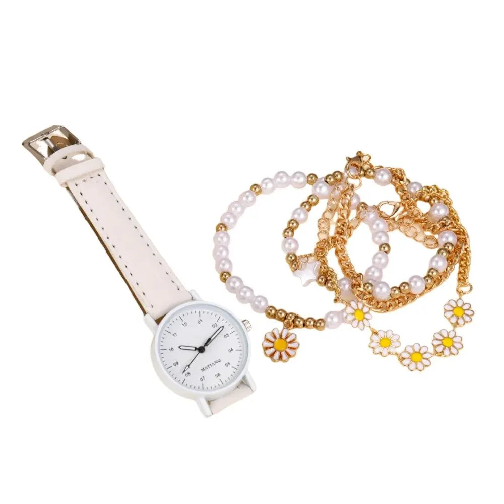 5pcs Set Of New Girls Lovely Creative Pentagram Daisy Pearl String Handmade Bracelet Watch Set