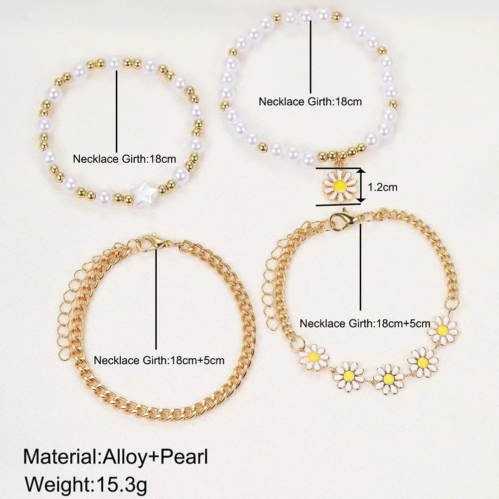 5pcs Set Of New Girls Lovely Creative Pentagram Daisy Pearl String Handmade Bracelet Watch Set