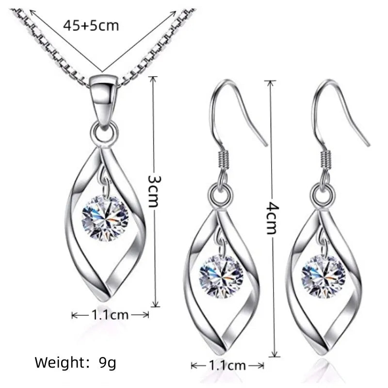 3pcs Necklace Earrings Set Ladies Cold-color Wind Twisted Glass Diamond With Venice Chain Imitation White Gold-color Jewelry